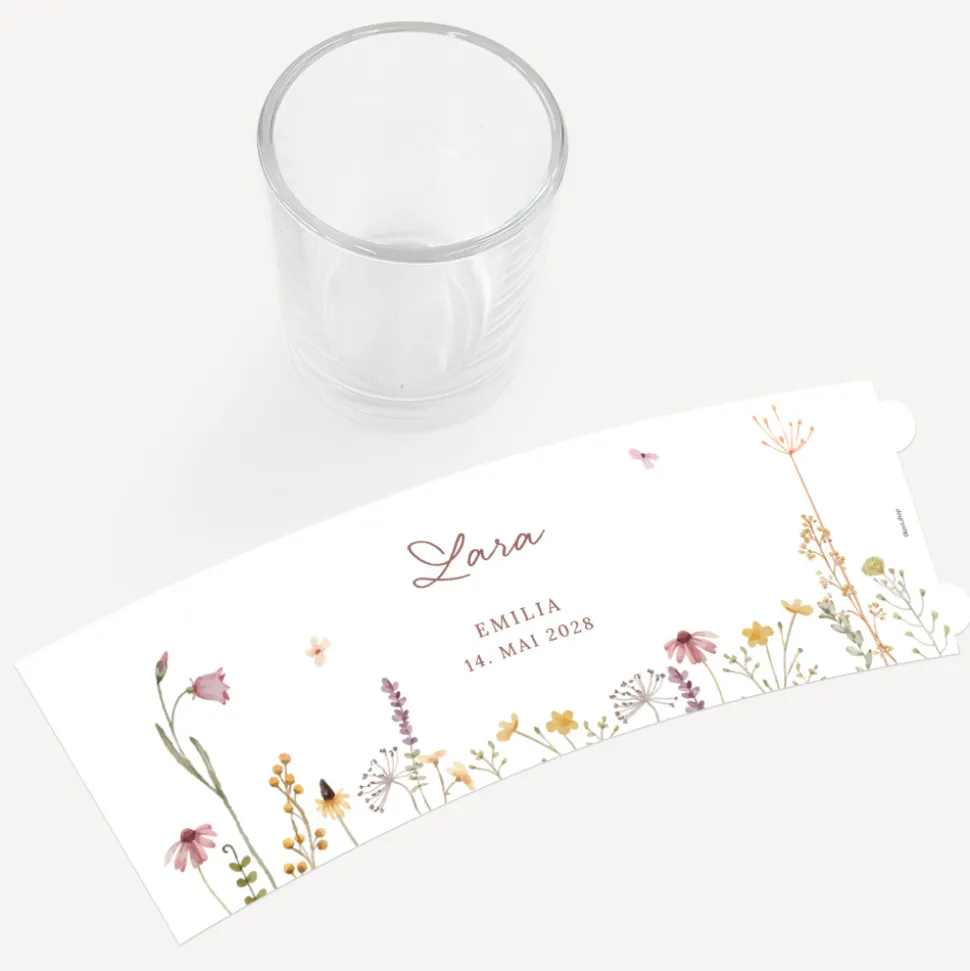 Tischkarte Windlicht "Wildromantische Blüten" inkl. Glas