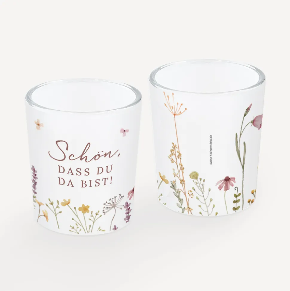 Tischkarte Windlicht "Wildromantische Blüten" inkl. Glas