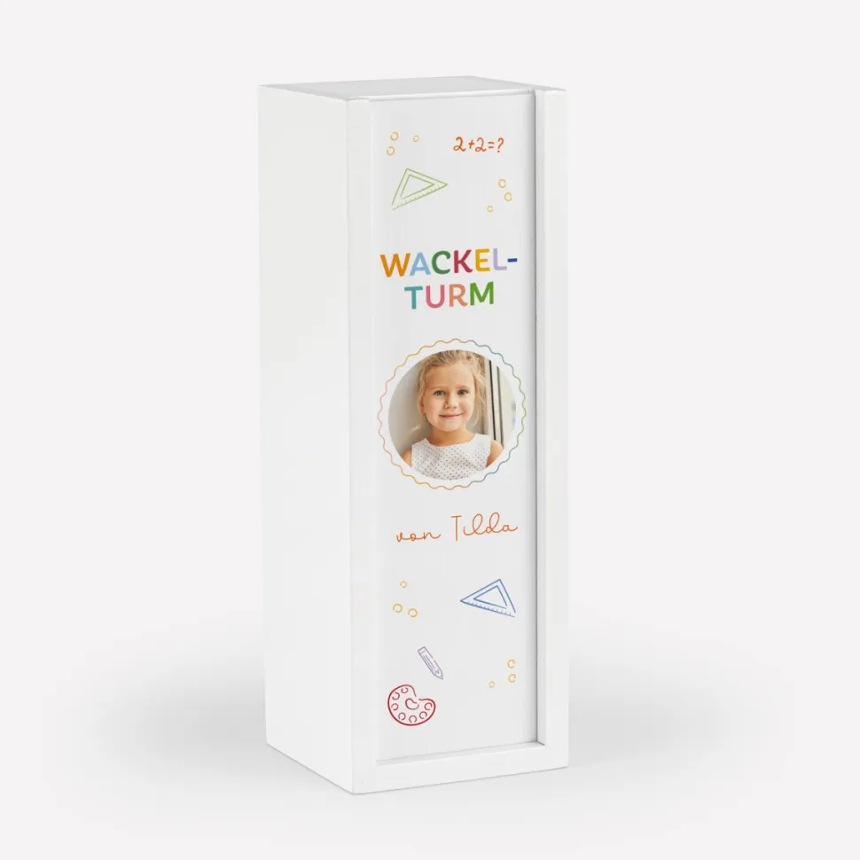 Wackelturm Spiel mit personalisierter Geschenkbox "Schulkind"