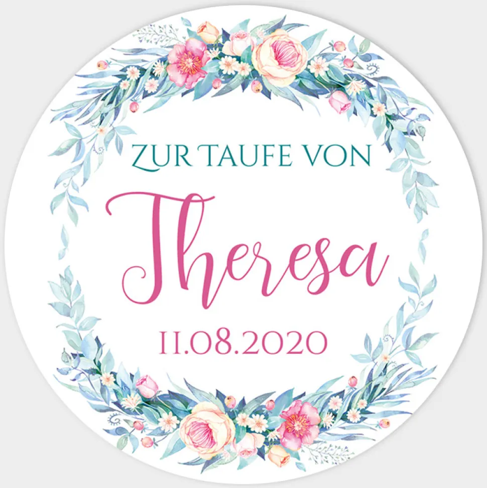 24 x Aufkleber Taufe Kranz Aquarell