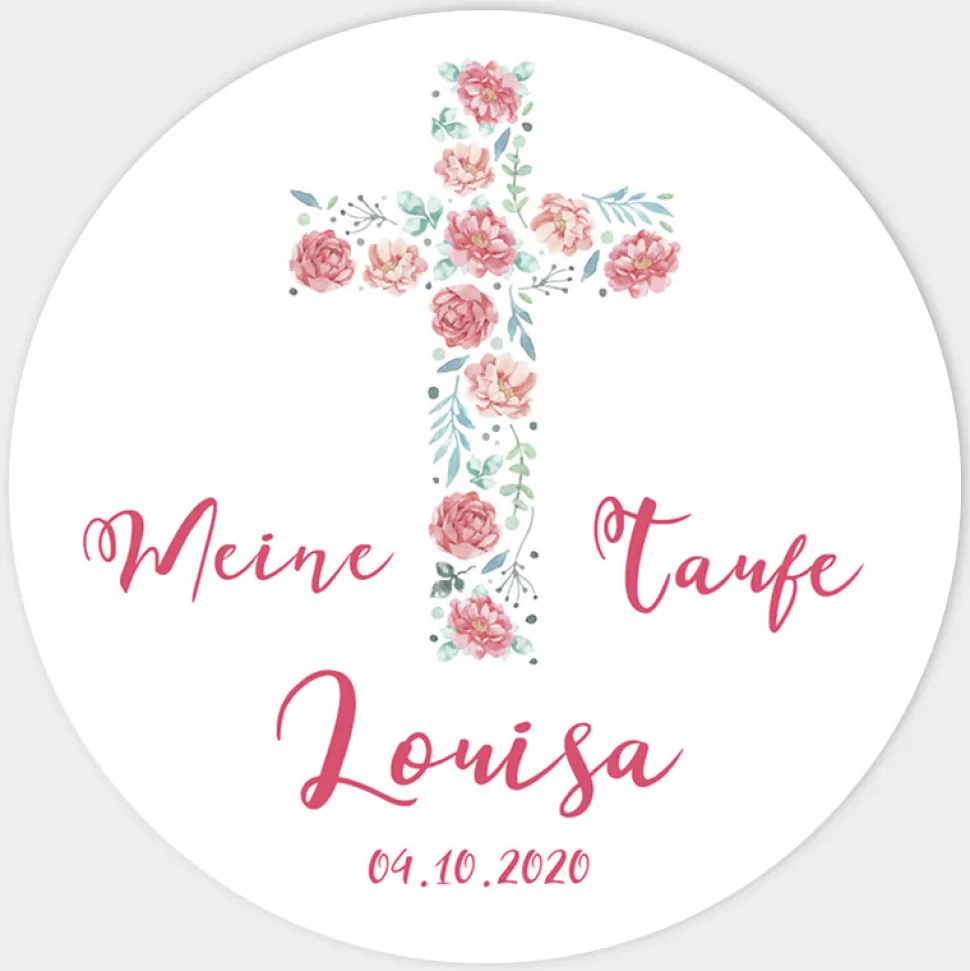 24 x Aufkleber Taufe Kreuz mit Blumen