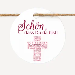 24 x Geschenkanhänger rund Kommunion Mädchen "Kreuz Modern"