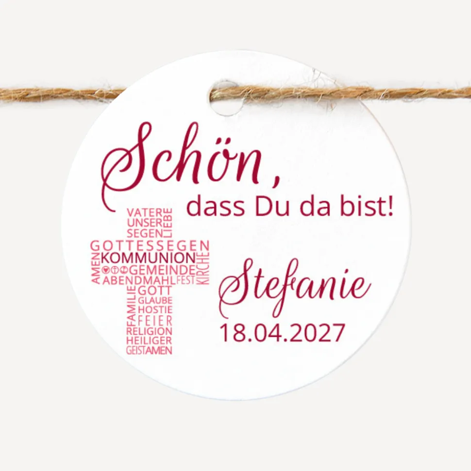 24 x Geschenkanhänger rund Kommunion Mädchen "Kreuz Modern"