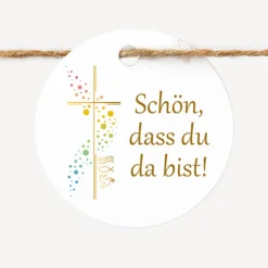 24 x Geschenkanhänger rund "Kreuz mit Symbolen"