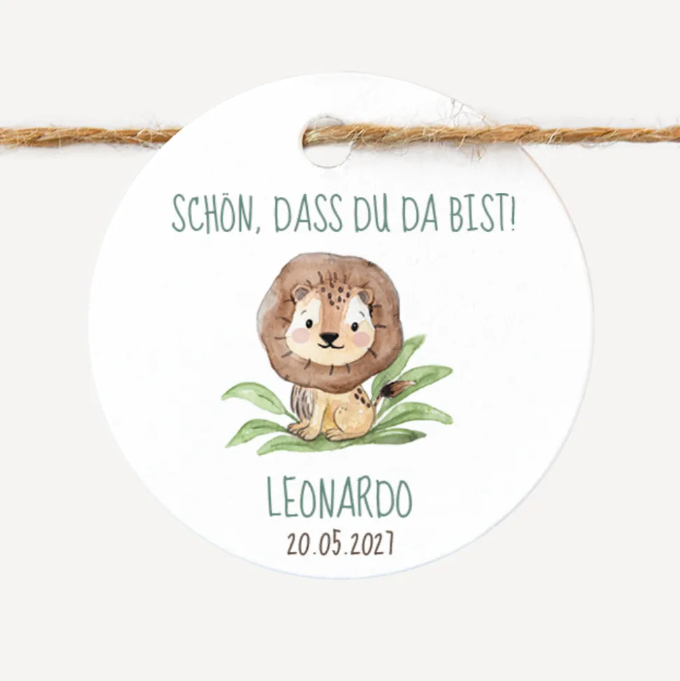24 x Geschenkanhänger rund "Löwe Leo"