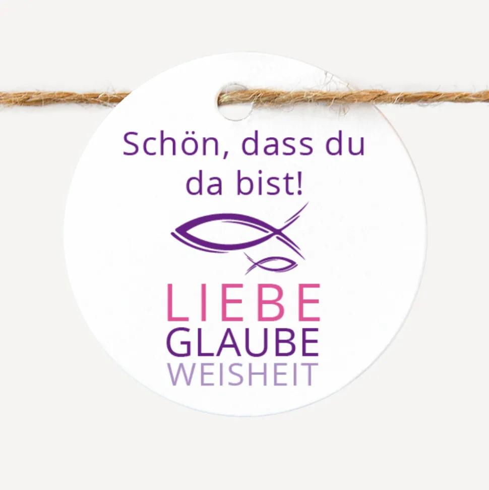 24 x Geschenkanhänger rund Mädchen "Liebe Glaube Weisheit"