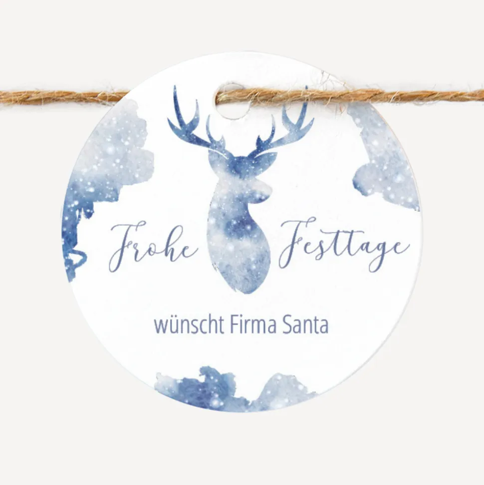 24 x Geschenkanhänger rund Weihnachten geschäftlich "Aquarell Rentier"