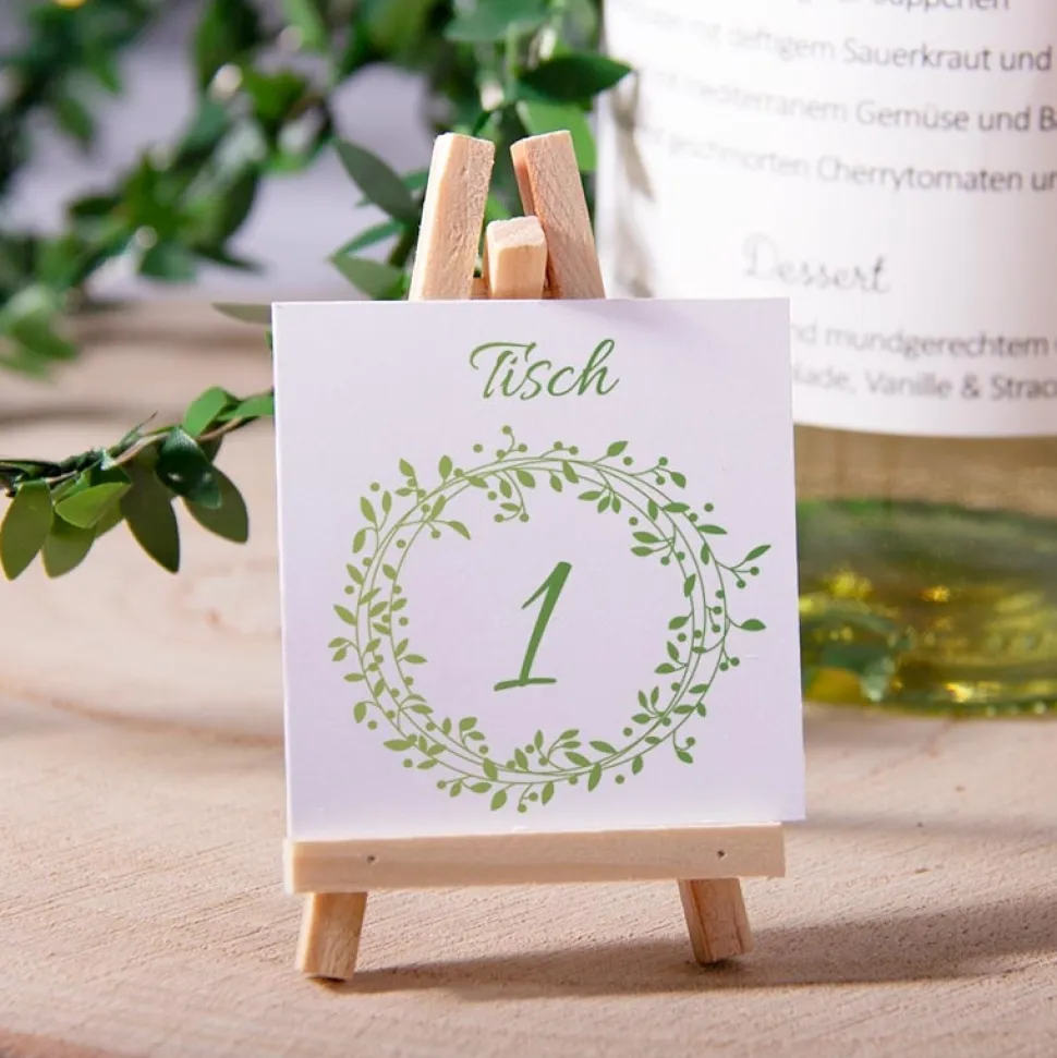 6 x Tischnummern "Olivenkranz" inkl. Mini Staffelei