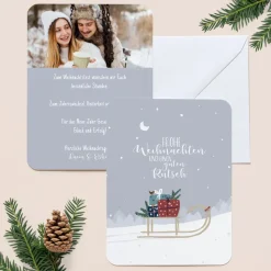 6 x Weihnachtskarte Schlitten