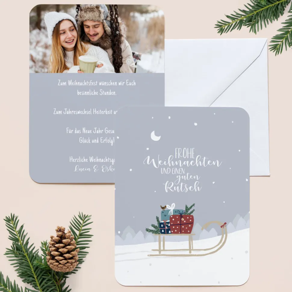 6 x Weihnachtskarte Schlitten